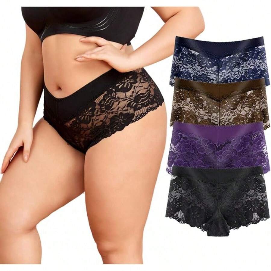Women's Underwear Regular & Plus Size Panties Lace Boyshorts Hipster Panty Soft Cheeky Panties - Pack 3/4 - 4p-12 - 查看 1