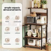 Estante para Hornear de Cocina con Enchufe, Rejilla para Microondas con Cesta de Drenaje de Metal y 6 Ganchos en S, Rejilla de Cocina de 56 * 42* 129cm para Guardar Especias, Ollas y Sartenes - Marrón - Ver 4