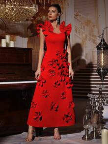 Modphy Đầm dài cổ cao không tay thắt nơ bướm họa tiết hoa 3D thanh lịch mới, váy trang trọng cho khách dự tiệc cưới, phù dâu, tiệc tùng dịp đặc biệt - Đỏ - Xem 1