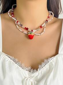 1pc Fresh And Sweet Y2k Strawberry Pendant Necklace Beaded Choker Faux Pearl Clavicle Chain