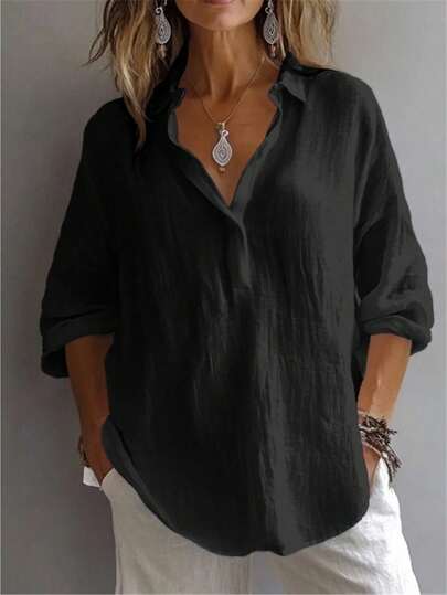 Women's Plus Shirt Solid Color Daily Casual Long Sleeve Bishop Sleeve Shirt Collar Regular Tops Daily Patchwork Buttons