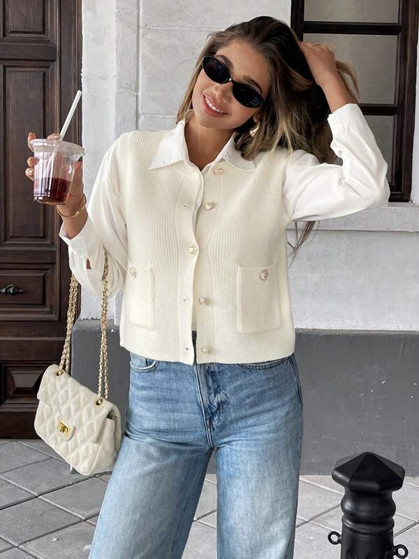 Cardigan smanicato da donna di stile europeo, a tinta unita, monopetto, aderente e versatile, in maglia, con tasche