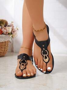 Women's Wide & Plus Size Rivet Floral Elastic Ankle Strap Open Toe Flat Sandals, Non-Slip Outdoor Comfort, Available In White, Black, Brown, Beige, Green, Blue, Gold, Orange, Yellow,Travel Essentials For Summer - Black - View 6