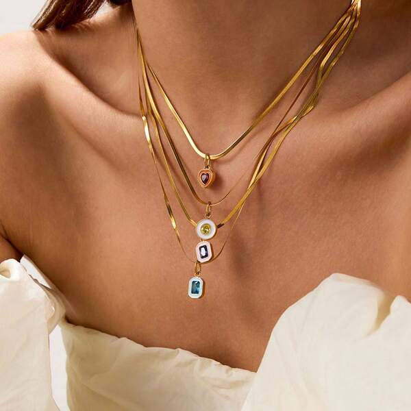1pc Colorful Zirconia Titanium Steel Necklace, Lightweight Luxurious Clavicle Chain For Women, Suitable For Daily, Party And Casual Wear