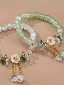 3 PiecesBoho Floral Beaded Bracelet Set: 5 - Color Crackle Glass Beads With Camellia Flower Charms, Gold - Tone Accents, Perfect For Summer Stacking, Festival Jewelry & Bohemian Style Lovers