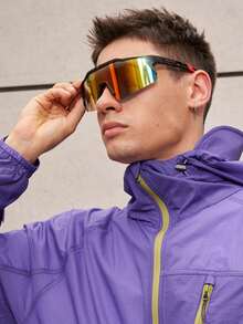 1 pieza Gafas de moda reflectantes y coloridas, con marco degradado y sobresaliente, adecuadas para el verano, festivales, vacaciones, viajes y uso al aire libre - Película de puntos negros/grises/rojos - Ver 4