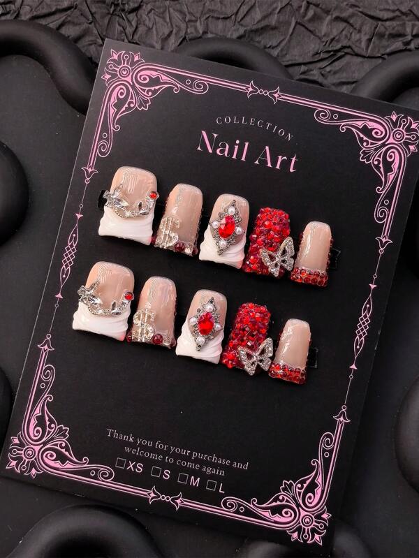 10pcs Y2K Sparkling Style Duckbill-Shaped Nail Stickers, Handmade, Available In Various Designs In Pink, Red, And Gold, Decorated With Handmade Wreaths, Bows, And Gold Patterns. Medium Length, Suitable For Women And Girls, Ideal For Holiday Wear, Attending Events, DIY Nail Art, Including Tool Kits. Almond-Shaped Nails. Handmade Nail Stickers. Fake Nails. Nail Supplies.