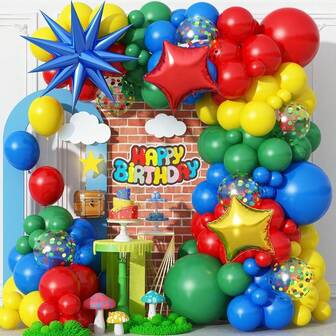 Set de 119 globos, set de guirnalda de arco de globos en rojo, azul, verde y amarillo, incluyendo 3 globos de lámina con forma de estrella, perfecto para fiestas de cumpleaños, cumpleaños de superhéroes, decoraciones temáticas de dibujos animados/videojuegos/superhéroes