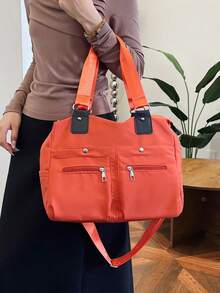 女士简约百搭纯色多口袋托特包，学院风大容量度假返校学生手提包，轻便休闲户外旅行购物单肩包，日常工作商务通勤斜挎包