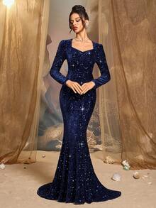 CHOSMO CHOSMO New Autumn Sequins Long Sleeve Orange Prom Dresses Gorgeous Elegant Slim High Waist Elegant Evening Dresses Long Women's Dresses Long Gowns,Navy Blue Dress Women