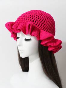 1 pieza Sombrero de cubo con volantes plisados de unicolor tejido a mano para mujer, diseño exagerado, gorro de invierno de moda