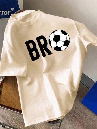 Tween Boy Bro Soccer Print Abrikooskleurig T-shirt met ronde hals en korte mouwen, geschikt voor jongens in de zomer, T-shirt voor voetballiefhebbende jongens