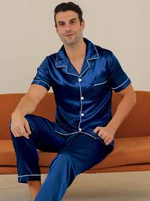 Two Pieces Sets Men's Pajamas With Open Button Top And Pants Set