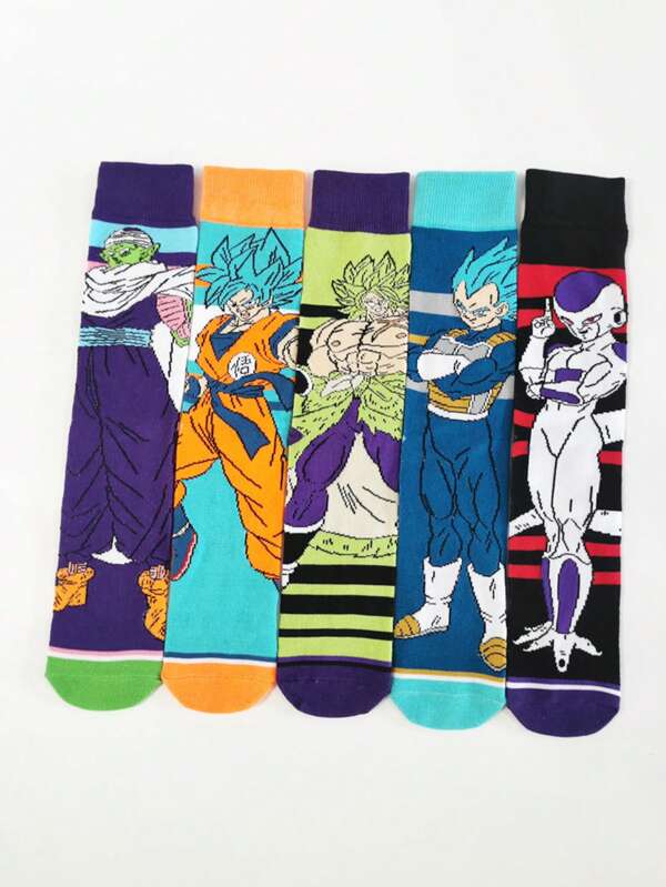 bandai 5 pares de calcetines casuales hasta la pantorrilla con diseños de dibujos animados de Goku, estampados geniales y a rayas para hombres, adecuados para todas las temporadas