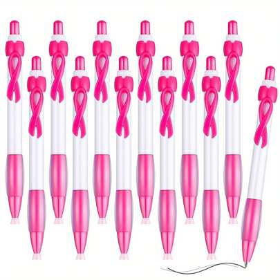 12pcs Breast Cancer Awareness Pens - Pink Dome Pens With "Breast Cancer Awareness" Design, Retractable Clip, Smooth Black Ink, Suitable As Support Gifts For 14 Years Old And Above, Awareness Gifts | Colorful Band Design | Plastic Body,School Supplies,Back To School
