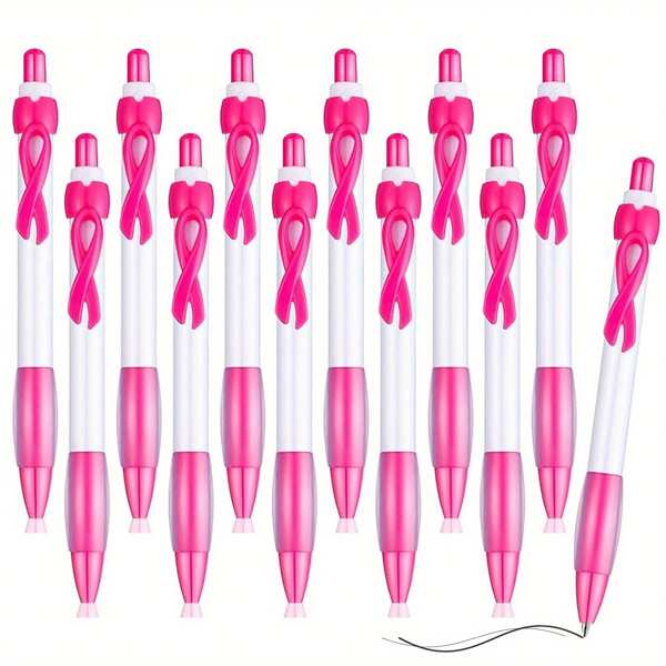 12pcs Breast Cancer Awareness Pens - Pink Squeeze Pens, Designed With "Breast Cancer Awareness", Retractable Clip, Smooth Black Ink, Supportive Gift For 14+ Years Old, Awareness Gift | Colorful Ribbon Design | Durable Plastic Body
