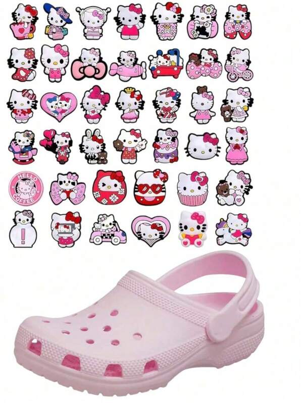 Sanrio 16 piezas Encanto de decoración de zapatos Hello Kitty de Sanrio para decoración de sandalias, encanto kawaii Hello Kitty - Decoración de zapatos 3D linda y elegante desmontable, adecuado para zuecos y sandalias en primavera y verano