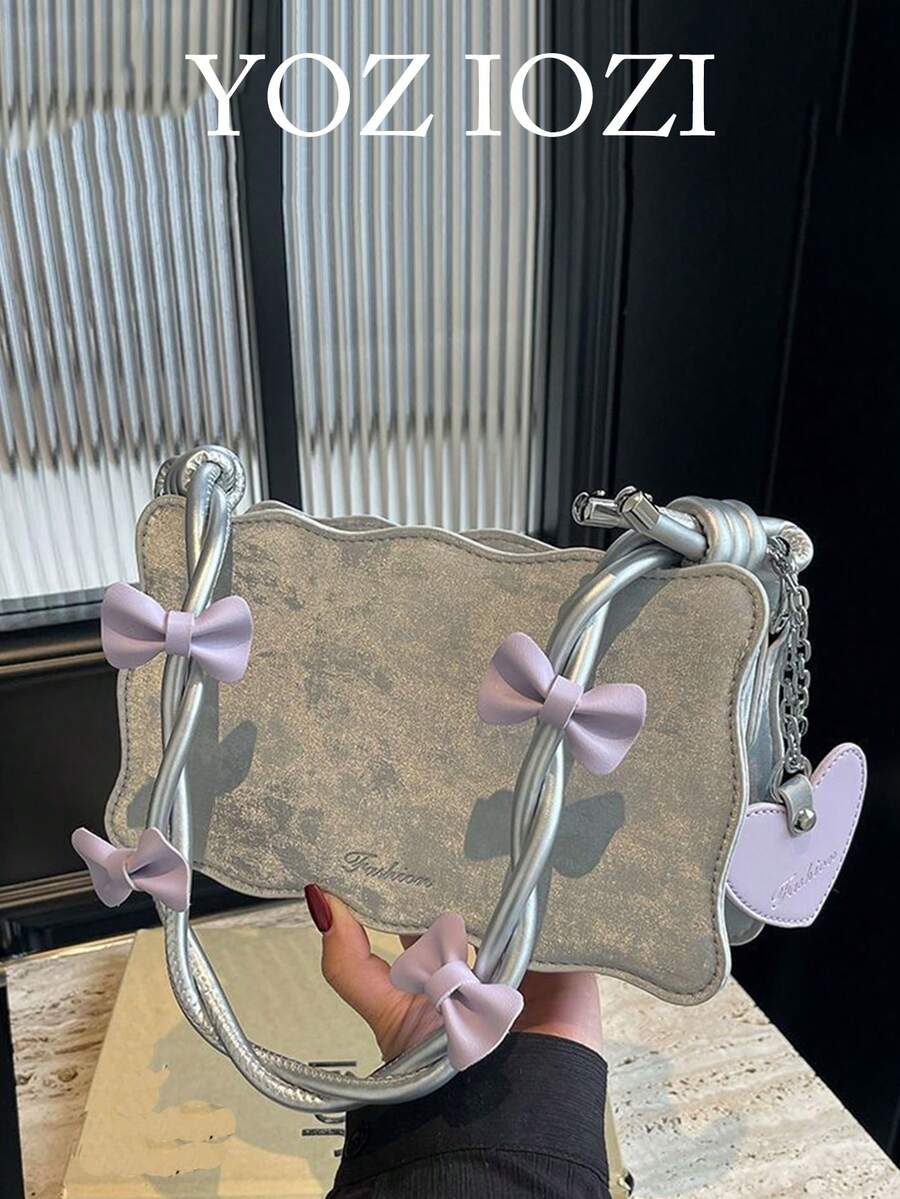 Women's Fashionable Armpits Package Bag, Silver Color, Commute Daily Carry Niche Design Bow Decor Shoulder Handbag - Silver - View 1