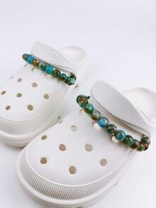 2 件装镂空珍珠链装饰带，适用于凉鞋、沙滩鞋、可拆卸配饰，男女皆宜 - 墨綠色 - 查看 1