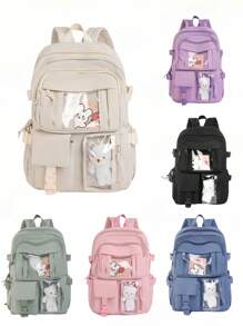 1PC Cute Kawaii Simple Solid Color Backpack Classic Basic Large Capcity School Bag New School Season Cute Cartoon Fashion Girl Backpack, Multi-Pocket Multi-Function Bear Pendant Is Very Suitable For Traveling And School Backpack, Suitable For Back To School Season,Large Capacity. Give Gifts To Friends, Back To School, School, Travel, Shopping, For Outdoor Daily Use.