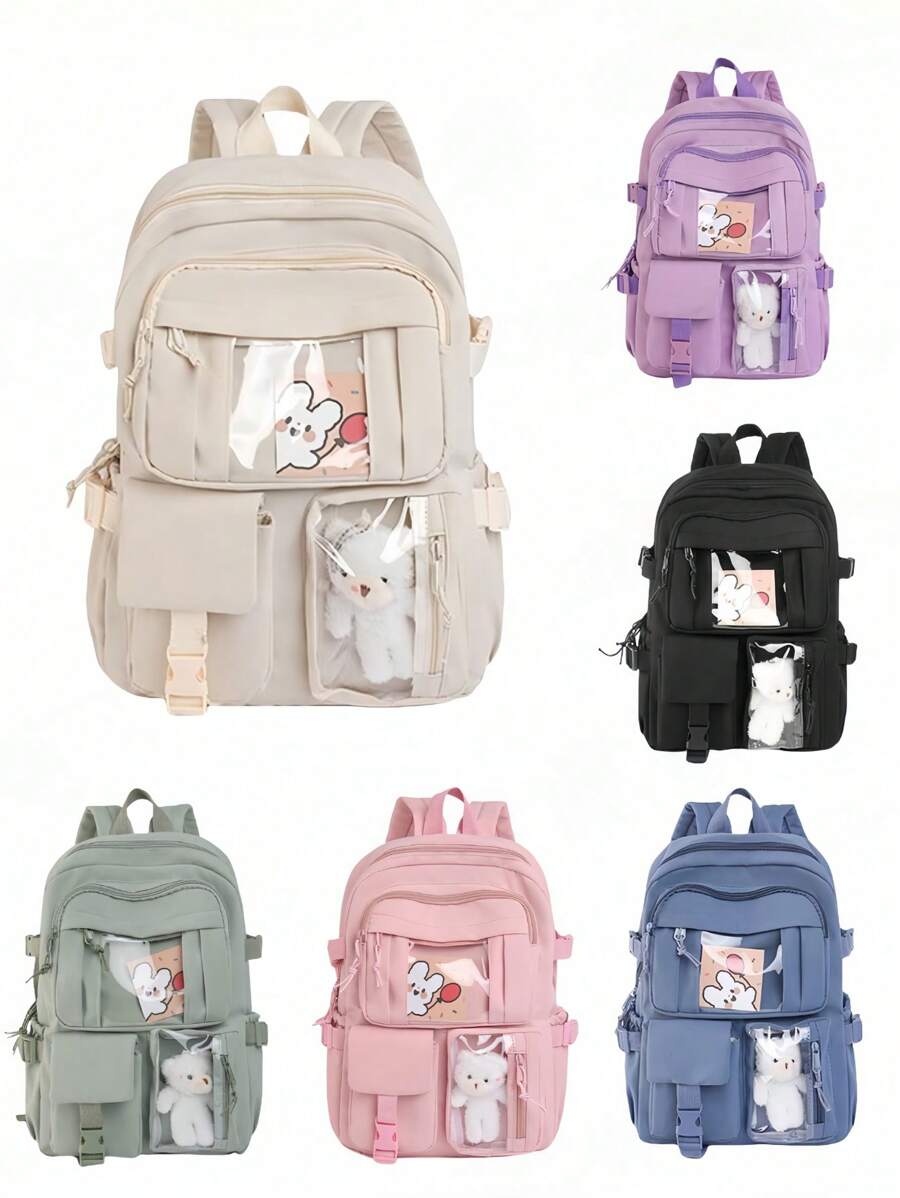1PC Cute Kawaii Simple Solid Color Backpack Classic Basic Large Capcity School Bag New School Season Cute Cartoon Fashion Girl Backpack, Multi-Pocket Multi-Function Bear Pendant Is Very Suitable For Traveling And School Backpack, Suitable For Back To School Season,Large Capacity. Give Gifts To Friends, Back To School, School, Travel, Shopping, For Outdoor Daily Use.