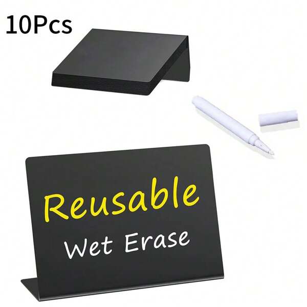 10pcs Mini Chalkboard Signs + 1pc White Chalk - 3X4 Inch, L-Shaped Plastic Reusable Price Tag Price Holder Chalkboard Table Number Cards, Suitable For Wedding, Buffet, Bakery, Cafe Handwritten Signs