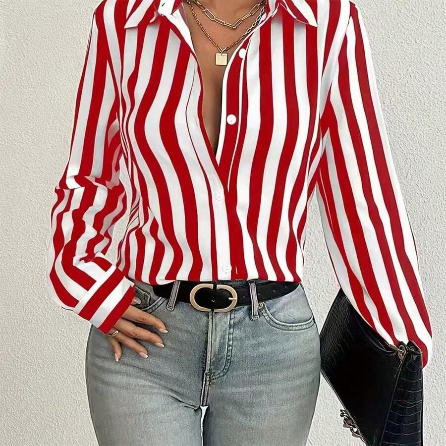 Plus Size Women Elegant Striped Long Sleeve Single-Breasted Casual Shirt, Suitable For Autumn Date, Airport And Daily Wear Spring - 紅白色 - 查看 1