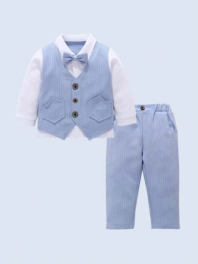 BOARNSEORL 2pcs Young Boys Gentleman Outfit, Striped Shirt With Bow Tie And Pants, Fashion Outfit For Wedding, Birthday Party, New Year, Christmas, Family Gathering