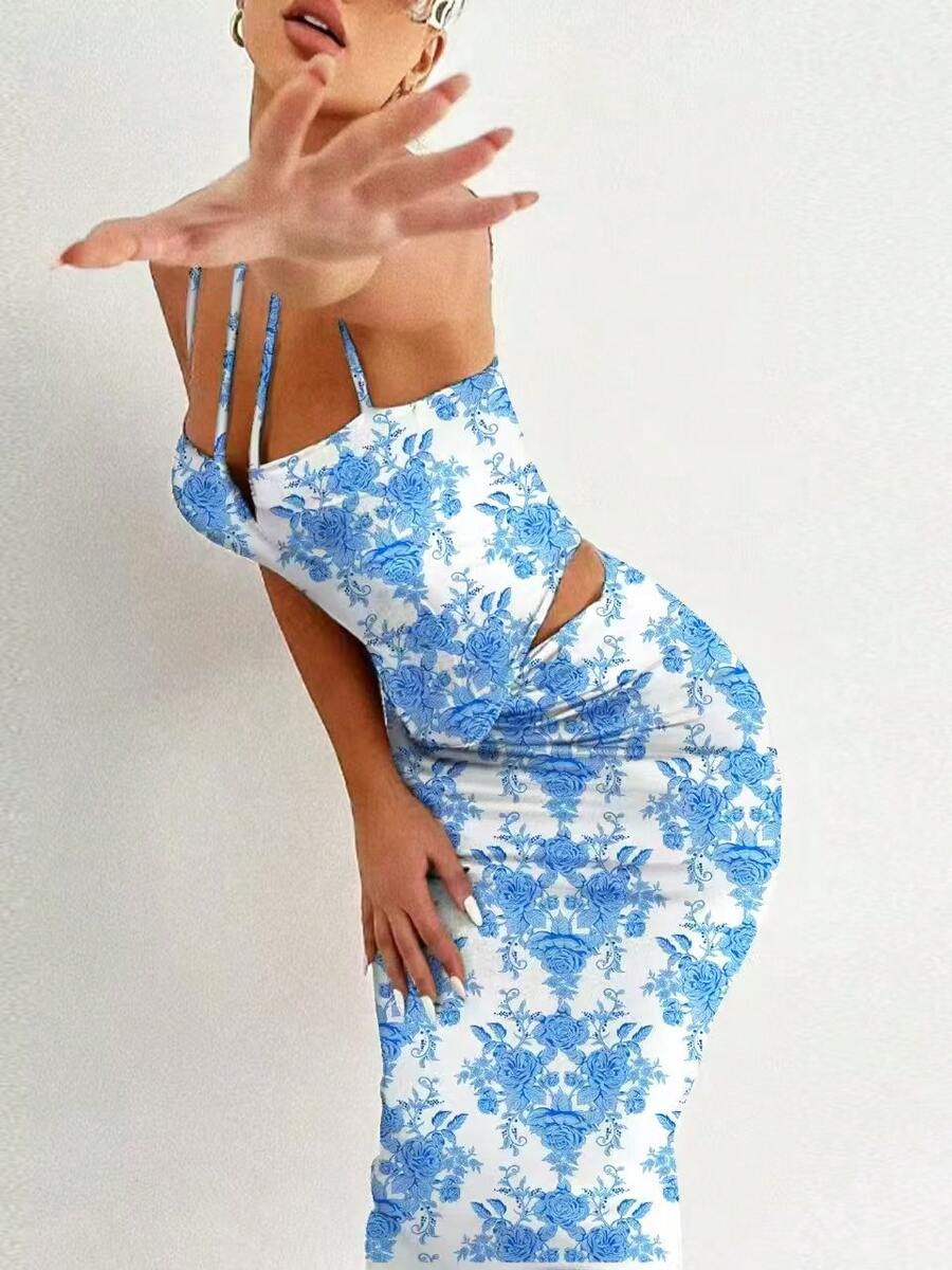 女士复古印花性感露背吊带背心和半身裙两件套，非常适合夏季穿着。