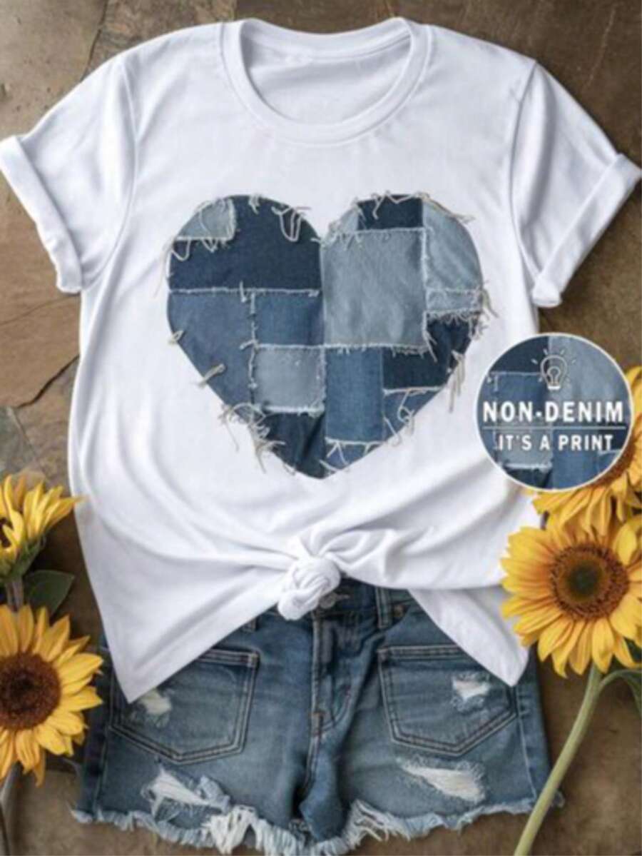 Camiseta estampada con diseño de corazon, manga corta cuello redondo, top casual para verano y primavera, ropa de mujer - Blanco - Ver 1