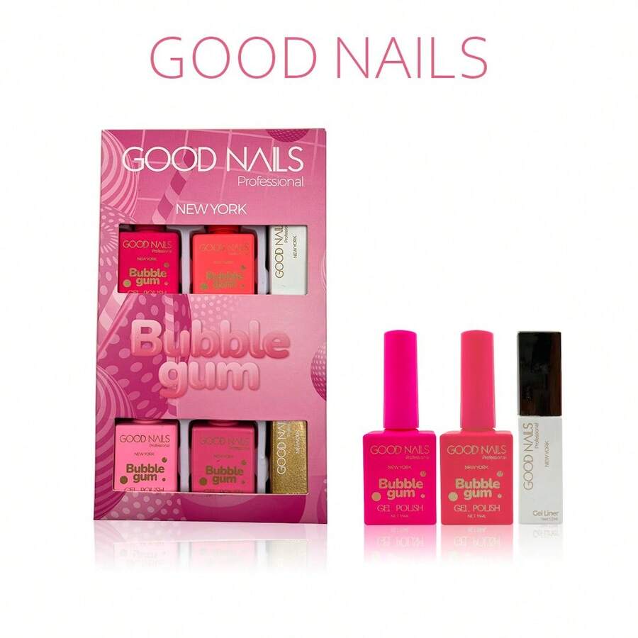Good Nails New York set de esmaltes en gel "Bubble Gum" incluye 6 colores, kit profesional para manicura y pedicura, esmalte semipermanente uñas acabado brillante - Multicolor - Ver 1