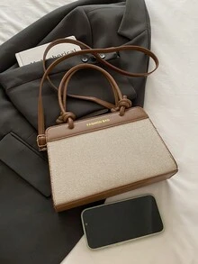 欧美个性新款韩版拼色亚麻手提包女2025新款简约单肩斜挎包 - 棕色 - 查看 6