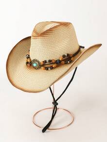 1pc Western Cowboy Hat, Bohemian Beaded Bowknot Teardrop Painted Windproof Rope Design Woven Panama Hat, Versatile For Various Occasions Like Parties, Western Themed Events, Graduation, Masquerade, Festivals, Birthdays, Photography, Hiking, Suitable For Men,Summer,Beach,Holiday - Top Hat - View 10