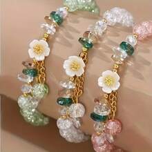3 PiecesBoho Floral Beaded Bracelet Set: 5 - Color Crackle Glass Beads With Camellia Flower Charms, Gold - Tone Accents, Perfect For Summer Stacking, Festival Jewelry & Bohemian Style Lovers