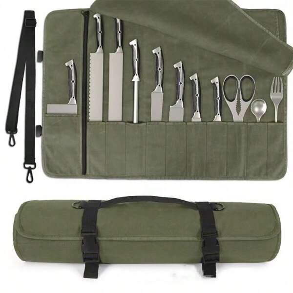 11-Slot Waterproof Canvas Chef Knife Storage Bag, Outdoor Camping Knife Organizer