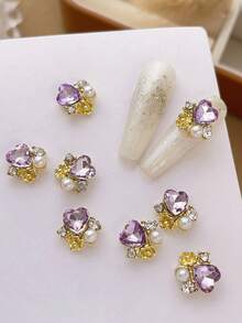 10pcs Heart-Shaped Rhinestone Nail Art Charms, Inlaid Faux Pearls, Luxury Y2K Metal Nail Accessories, Bright White, Pink, Red, Green, Purple Rhinestone Nail Gems, Suitable For Various DIY Nail Decorations - Multicolor - View 8