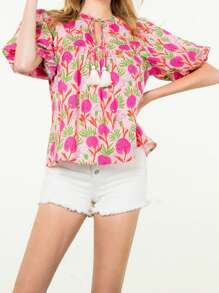Floral Print Tops For Women Summer Causal Loose Round Neck Bubble Short Sleeve T Shirt