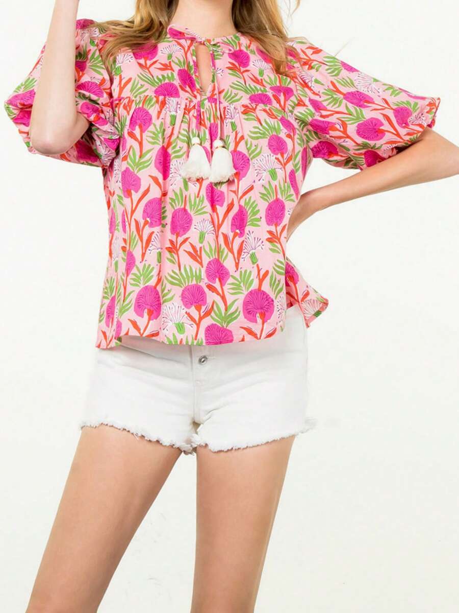 Floral Print Tops For Women Summer Causal Loose Round Neck Bubble Short Sleeve T Shirt