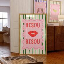 1pc Bisou Bisou French Lips Art Print Vintage Red Lips With "Kiss Kiss" Quote & Girly Aesthetic Wall Decor, Frameless Canvas Poster For Girls Room Decor, Dorm Decor, Home Decor, Back To School, Perfect Gift For Her & Party Decoration - Multicolor - View 1