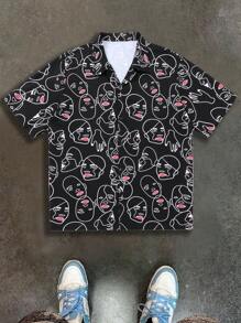 Camisa de estampado completo de manga corta con cuello de solapa para hombres, para uso diario casual y elegante. Se puede usar como regalo para novios y amigos