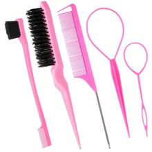 5Pcs Pink Hair Brushes & Tools Set: Topsy Tail, Edge, Bristle Brush, Rat Tail Comb, Slick Back Brush For Women & Girls' Hair Styling