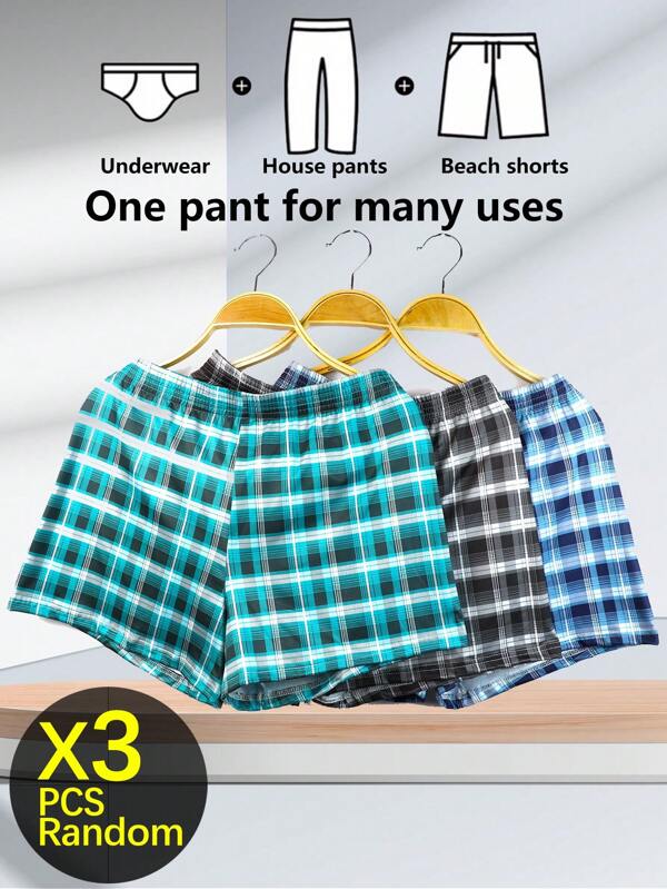 3pcs Plaid Print Random Men's Loose Breathable Elastic Waist Shorts, Comfortable Sweatpants, Wide Big Size Casual Home Shorts, Loungewear Boxer Briefs