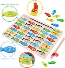 Magnetic Wooden Fishing Game For Toddlers,  Fish Catching Counting Games Puzzle With Numbers And Letters, Preschool Learning ABC Math Educational Toys 3 4 5 Years Old Girl Boy Kids