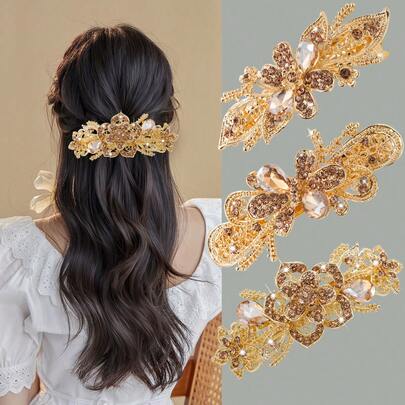 1pc Versatile Elegant Floral Hair Clip, New Arrival Spring-Loaded Rhinestone Hair Clip, Flower Print Ornament, Suitable For Casual, Formal, Work, Commute, Party, Shopping, Dating, Outdoor Activities, Essential Accessory