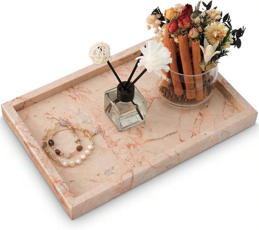 Marble Bathroom Tray,Pure Natural Marble Vanity Tray,Marble Tray For Kitchen Counter Non-Ceramic/Non-Resin,Stone Tray 12 X 8 Inch (Pink Marble Tray) - Hot Pink - View 1