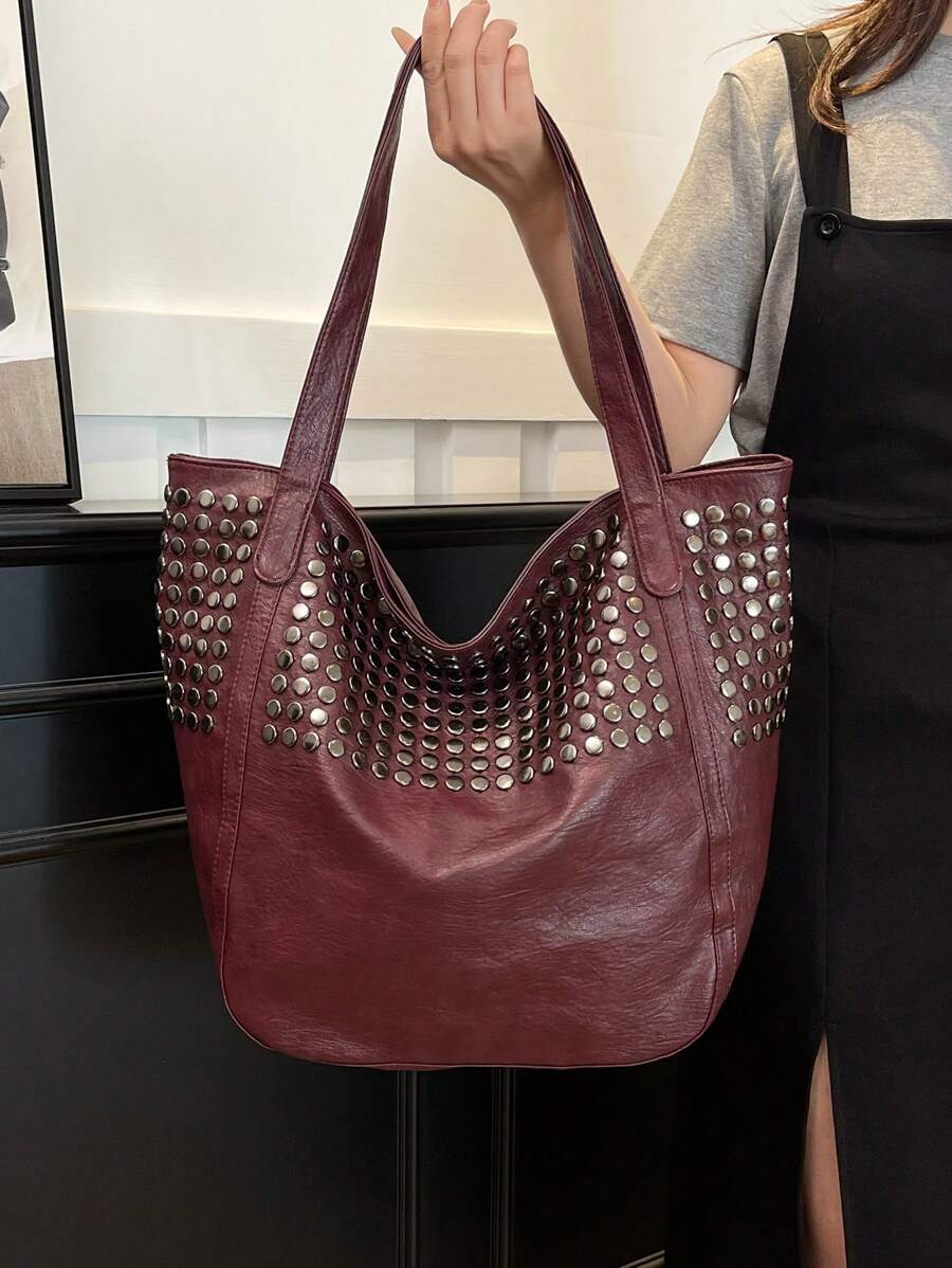 Dedoo Geantă de mână din piele moale 2024 nouă, geantă Joker, geantă de umăr simplă, design cu nituri, capacitate mare, geantă mare de damă, cumpărături, serviciu. Convenabilă pentru călătorii, suprafață lucioasă, imprimeu leopard