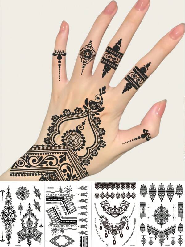 4 Sheets Black Henna Tattoo For Hand Waterproof And Lace Henna Temporary Tattoos Stickers For Women Wedding Body Art Travel Festival Makeup Party