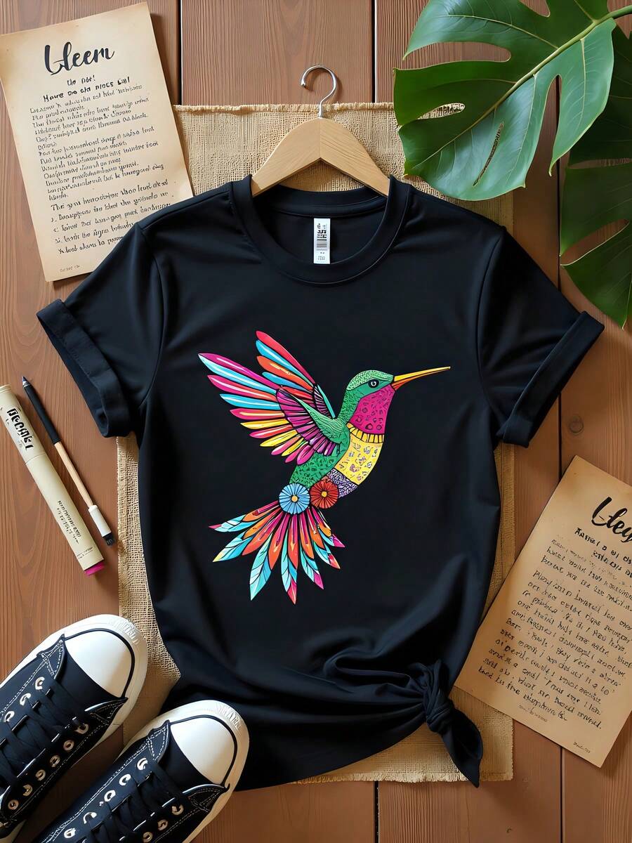 Camiseta estampada de algodón de 180 g para mujer, negra, con cuello redondo y manga corta, con estampado de colibrí colorido, informal, de verano, cuello redondo, regalo de cumpleaños, moda de talla grande. - Negro - Ver 1