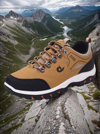 1 Pair Men Letter Waterproof Lightweight Lace-Up Breathable Soft Sports Casual Outdoor Hiking Shoes Front Sneakers