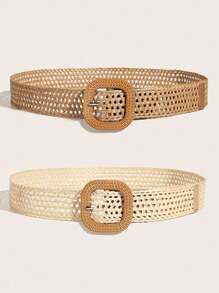 2pcs Plus Size XXL Bohemian Hollow Out Weaved Straw Women's Dress With Belt, Suitable For Beach Vacation Summer, School